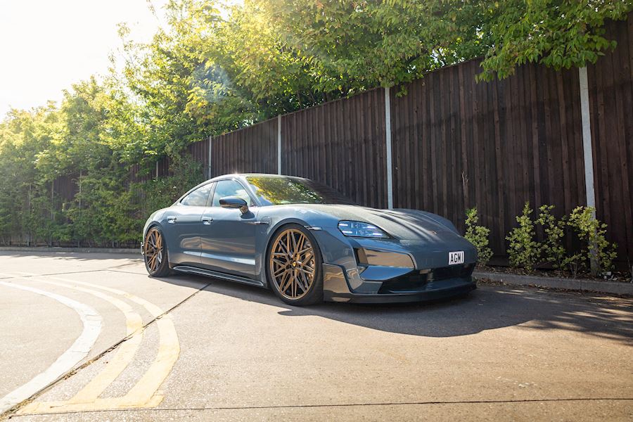 Porsche Taycan Turbo GT 2024 lowered and installed with Vossen HF-7 wheels in Satin Bronze