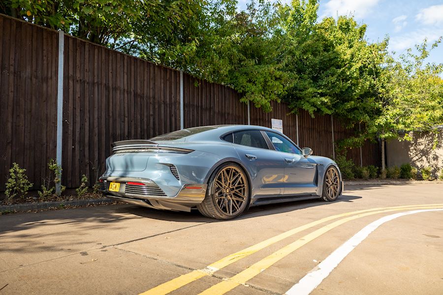 Porsche Taycan Turbo GT 2024 lowered and installed with Vossen HF-7 wheels in Satin Bronze