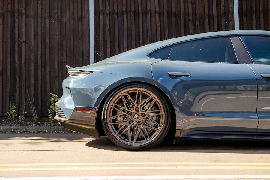 Porsche Taycan Turbo GT 2024 lowered and installed with Vossen HF-7 wheels in Satin Bronze